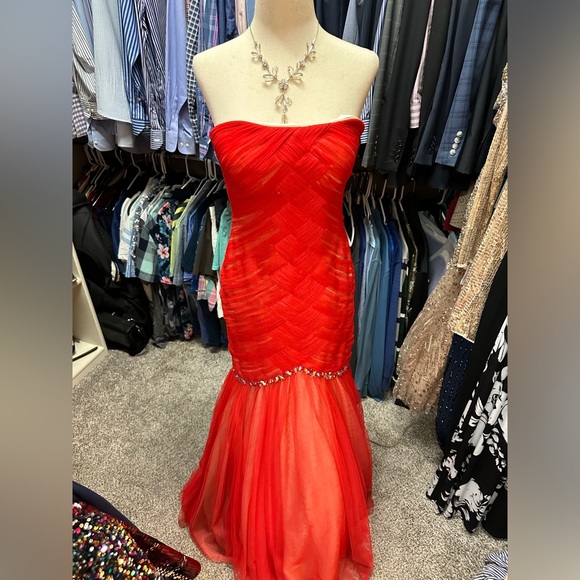 Like New La Femme Orange Sexy Red Strapless Rhinestone Gauze Chic Dress 2 - Picture 6 of 16